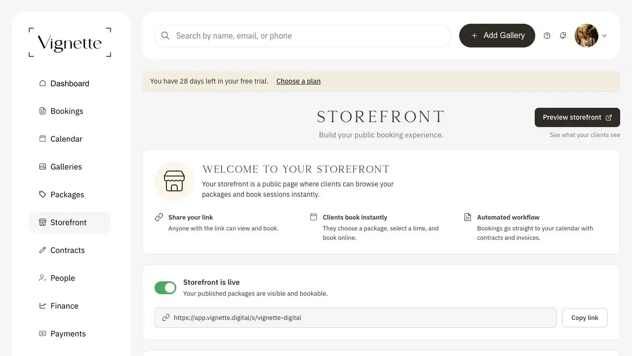 Vignette storefront controls showing a live public booking page