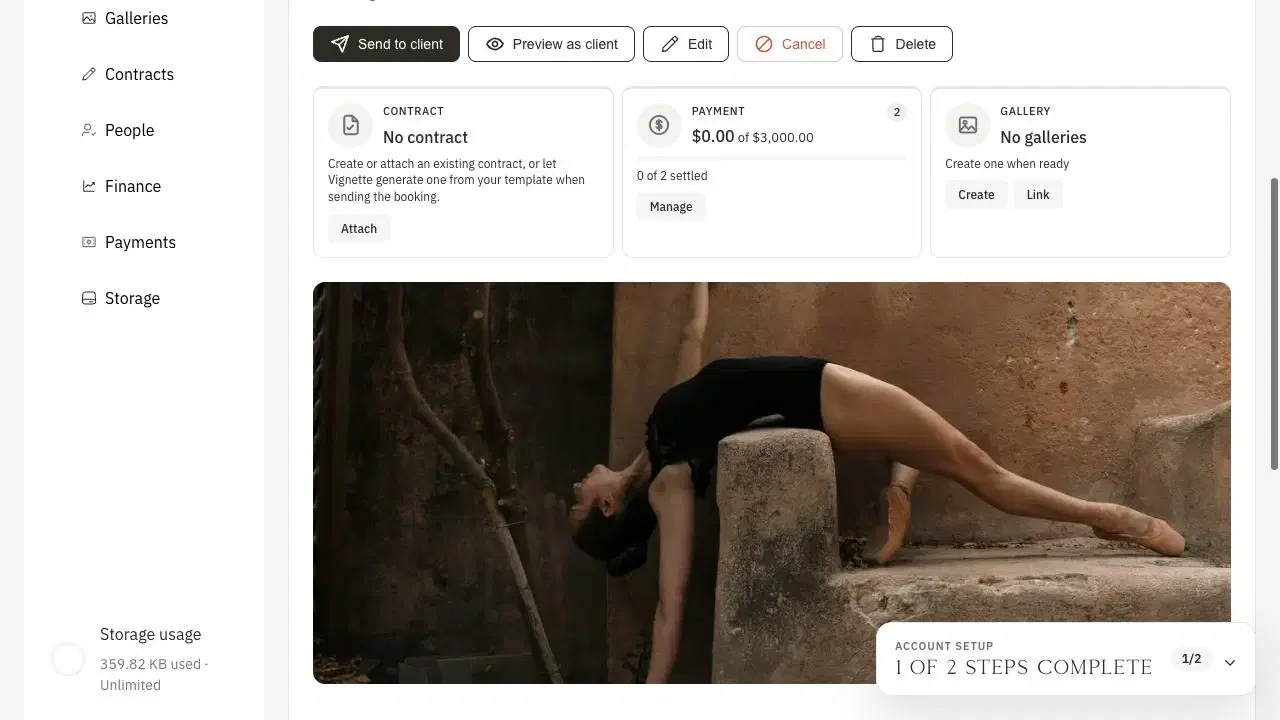 A Vignette booking connecting its contract, payment plan, gallery, and shoot imagery