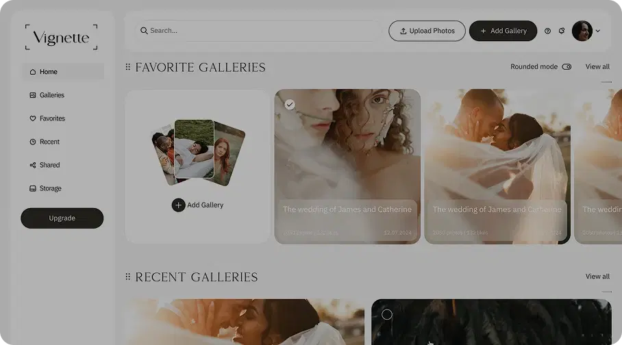 Vignette photography business dashboard with gallery and workflow controls