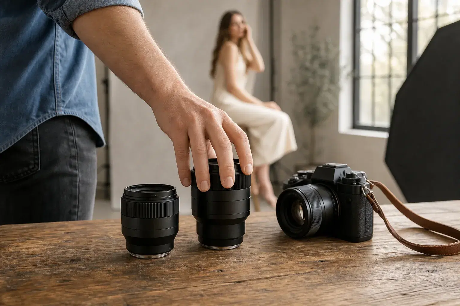 A photographer choosing between two portrait lenses during a studio session.