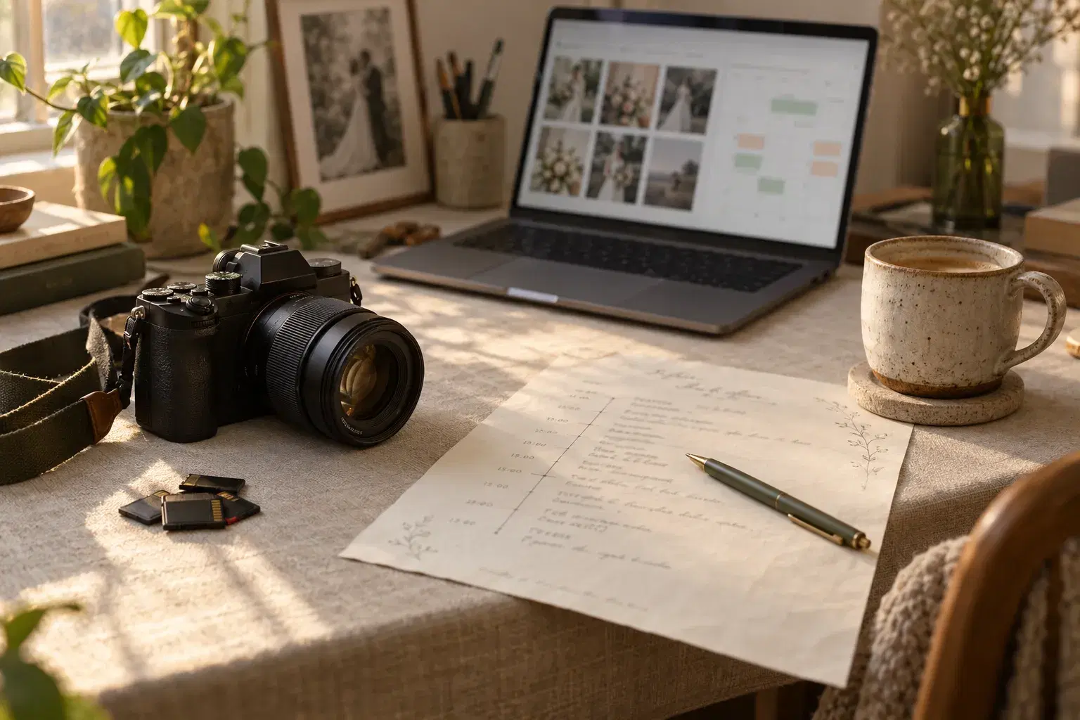 A sunlit photographer’s desk with a mirrorless camera, memory cards, a handwritten shoot-day timeline and pen, a ceramic coffee mug, and a laptop showing a wedding gallery beside a booking calendar.