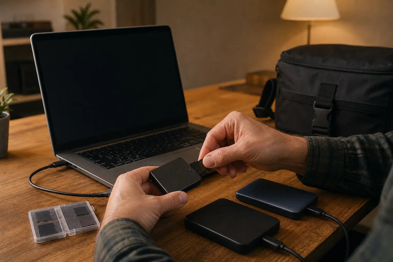 A photographer transferring a memory card beside a laptop and two backup drives.