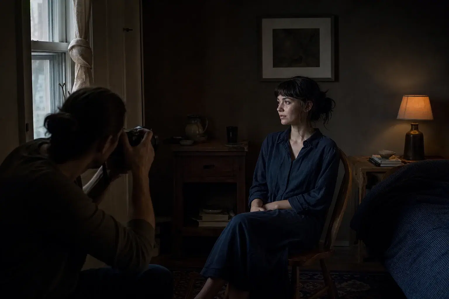 A photographer making a portrait with window light and a warm lamp in a dark room.