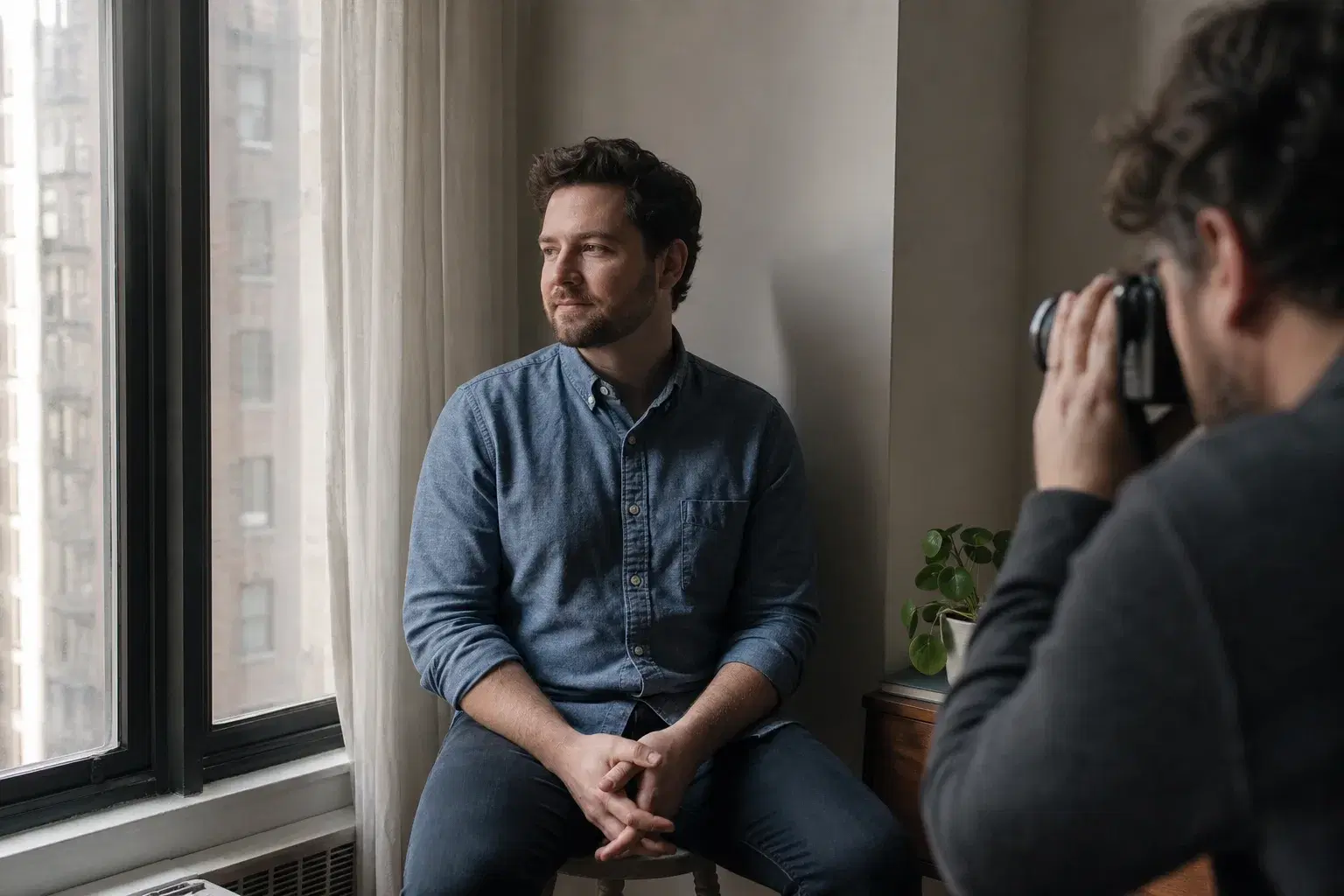 A photographer making a softly lit portrait of a man seated beside a window.