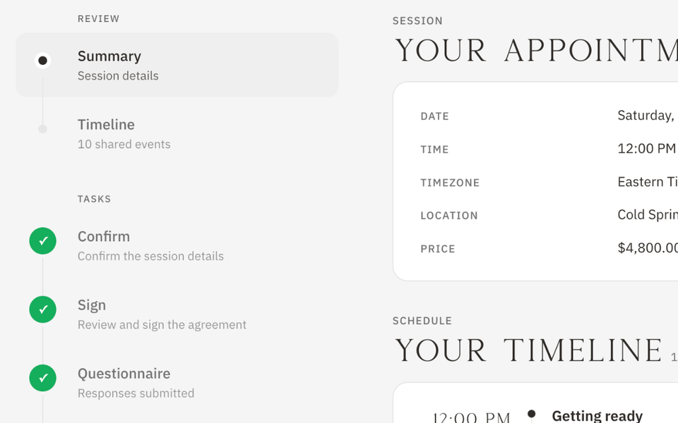 The client’s Carter & Hale Wedding booking page with a Last step banner, a checklist where Confirm, Sign, and Questionnaire are complete and Pay is next, beside the appointment details and shared timeline