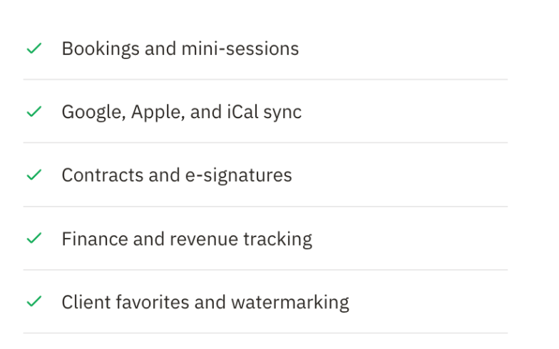 Vignette’s every-plan feature list with checkmarks for bookings and mini-sessions, calendar sync, contracts and e-signatures, finance tracking, and client favorites
