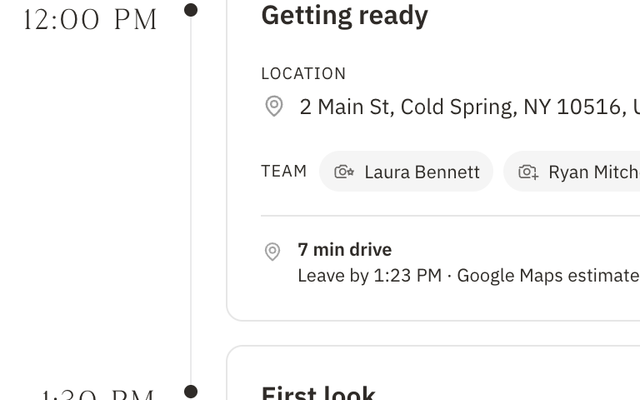 Carter & Hale Wedding Day event timeline with a verified address, notes, and assigned team for each moment, plus drive times and leave-by times between the inn, Boscobel, the church, and the reception venue