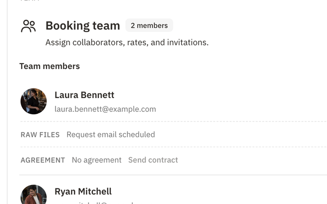 Booking team card with an associate photographer and a second shooter, their hourly rates and estimated pay, invite status, RAW file requests, and team contract settings by role