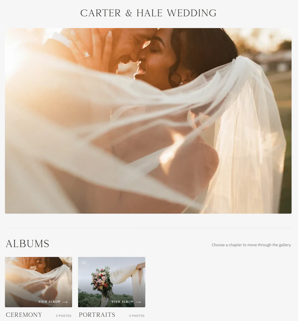 Client-facing Carter & Hale Wedding gallery with a golden-hour cover image above Ceremony and Portraits album cards