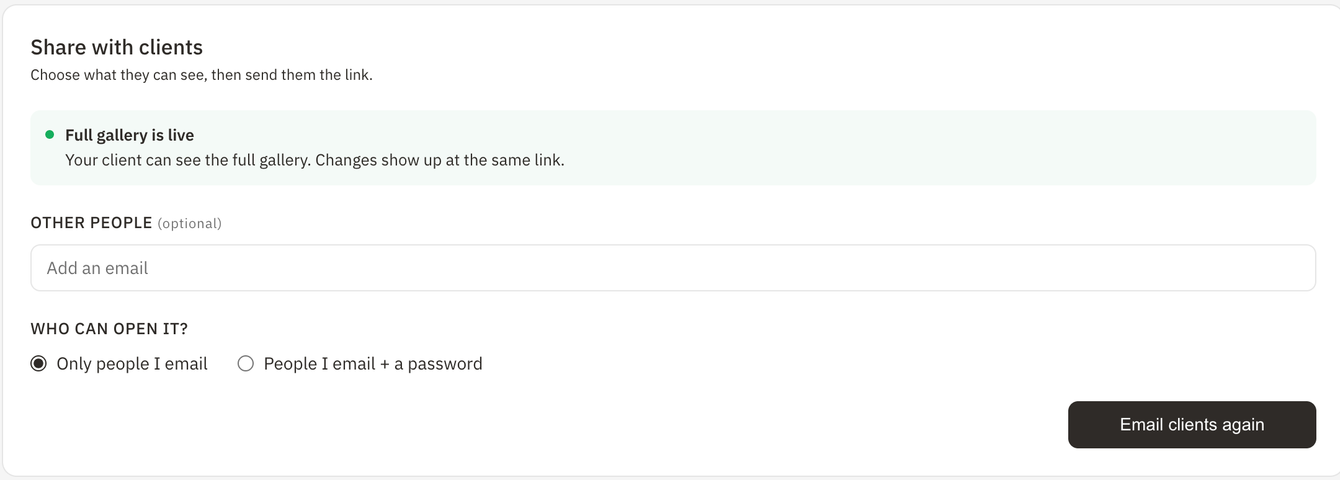 Gallery settings showing a live gallery shared only with emailed people, a recipient marked Viewed, a three-photo download limit per client, and a text watermark preview