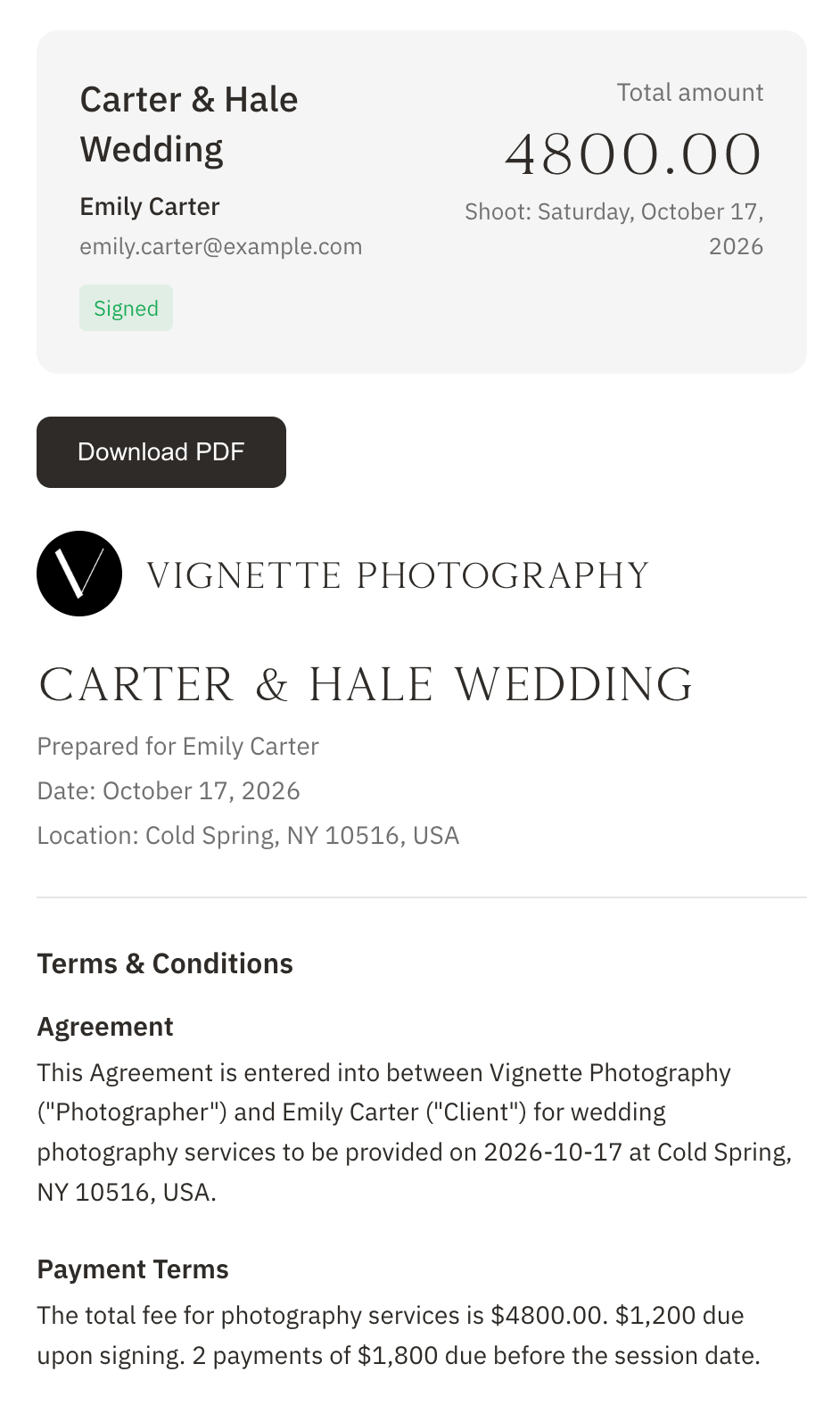 Signed Carter & Hale Wedding contract with the studio logo, total amount, Download PDF button, and terms and conditions