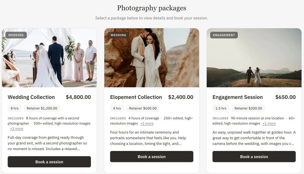 Storefront package cards for a Wedding Collection, Elopement Collection, Engagement Session, and Portrait Session with prices, hours, retainers, deliverables, and Book a session buttons
