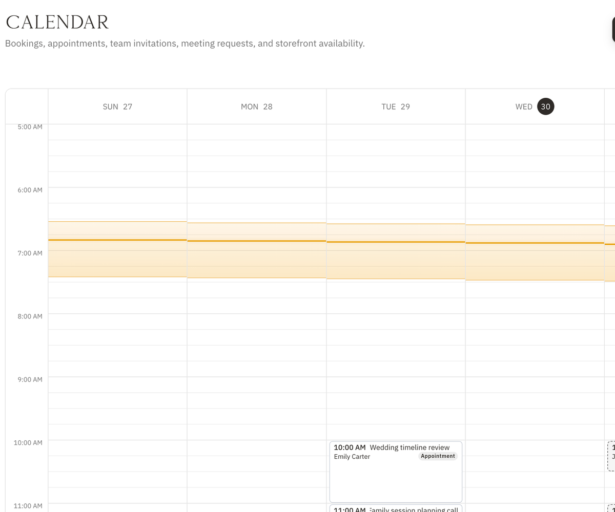 Seven-day Vignette calendar with shaded morning and evening golden-hour bands, sunrise and sunset lines, appointments, meeting requests, and open storefront times