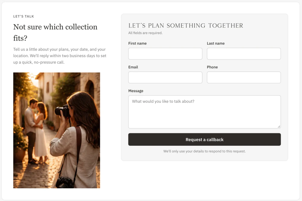 Storefront section titled Not sure which collection fits? with a Let’s plan something together callback request form