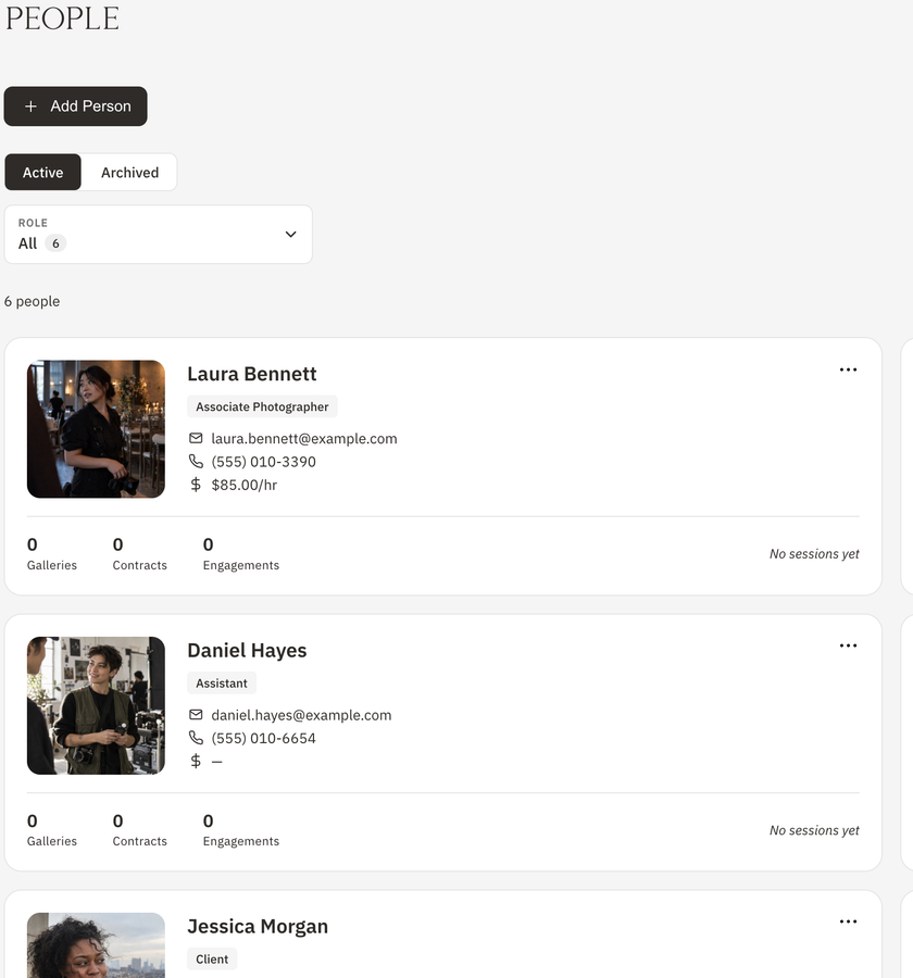 Vignette People page with cards for clients, an associate photographer, an assistant, and a second shooter, each showing role, contact details, hourly rate, and next session