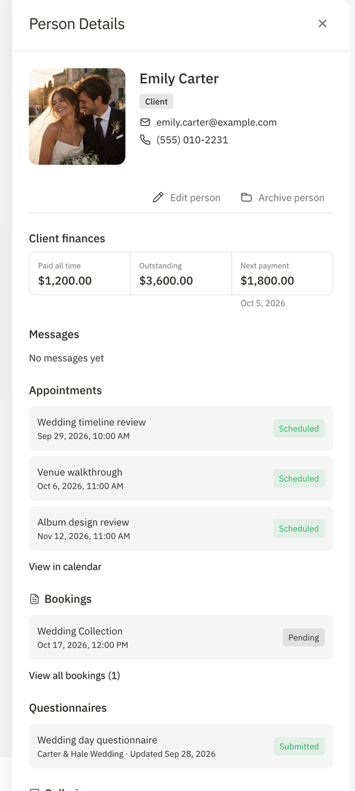 Person details panel for Emily Carter showing paid, outstanding, and next payment, scheduled appointments, a pending booking, a submitted questionnaire, a published gallery, and a signed contract