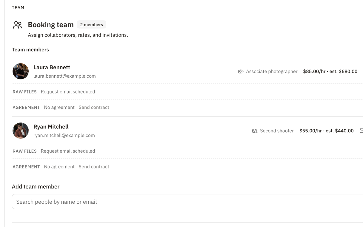 Booking team card with an associate photographer and a second shooter, their hourly rates and estimated pay, invite status, RAW file requests, and team contract settings by role
