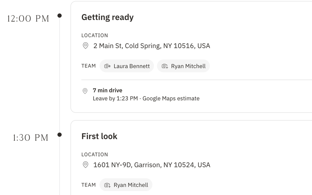Carter & Hale Wedding Day event timeline with a verified address, notes, and assigned team for each moment, plus drive times and leave-by times between the inn, Boscobel, the church, and the reception venue