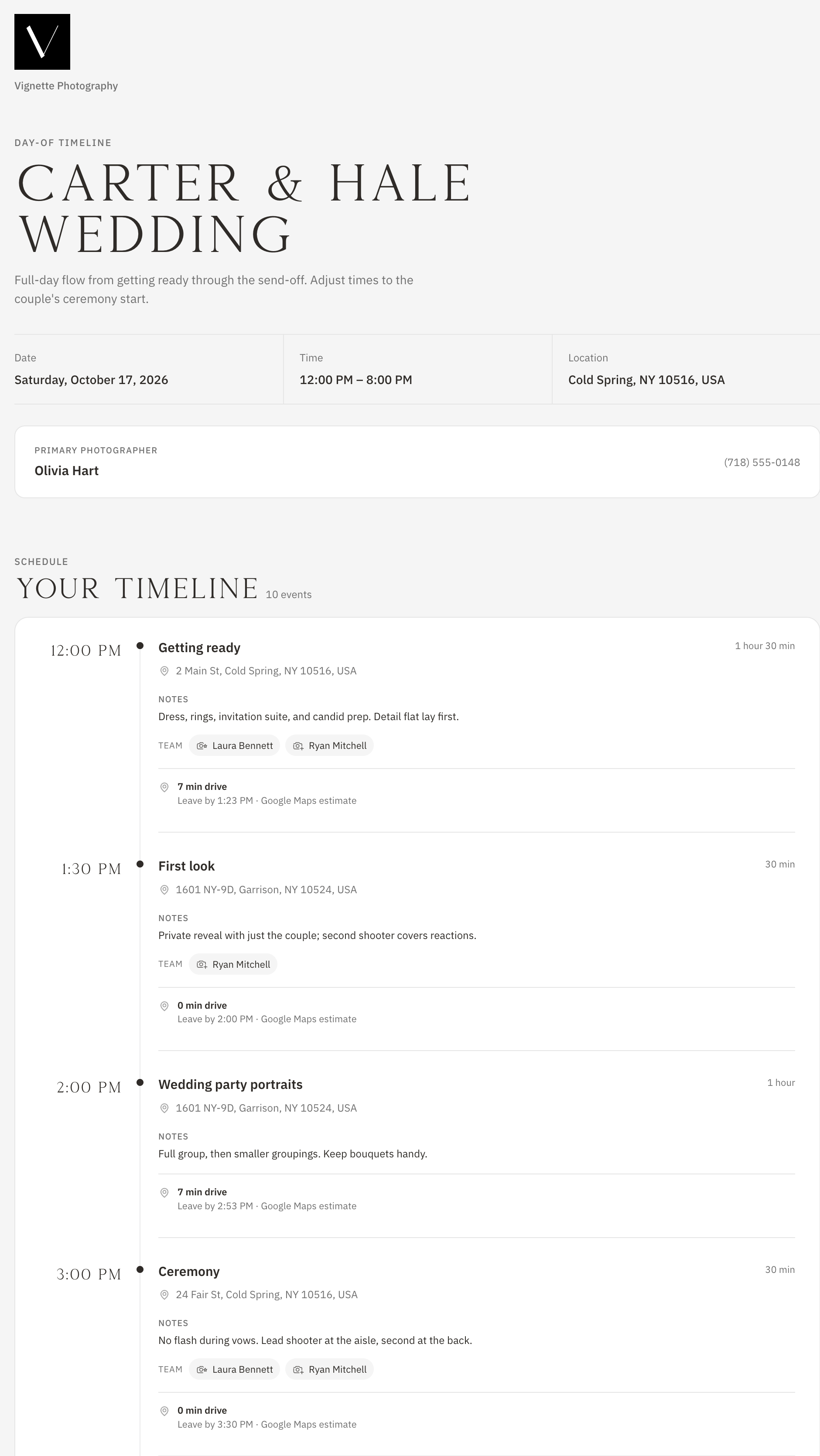 Shared day-of run sheet for the Carter & Hale Wedding with the studio logo, date, primary photographer, and each moment’s address, team, drive time, and leave-by time