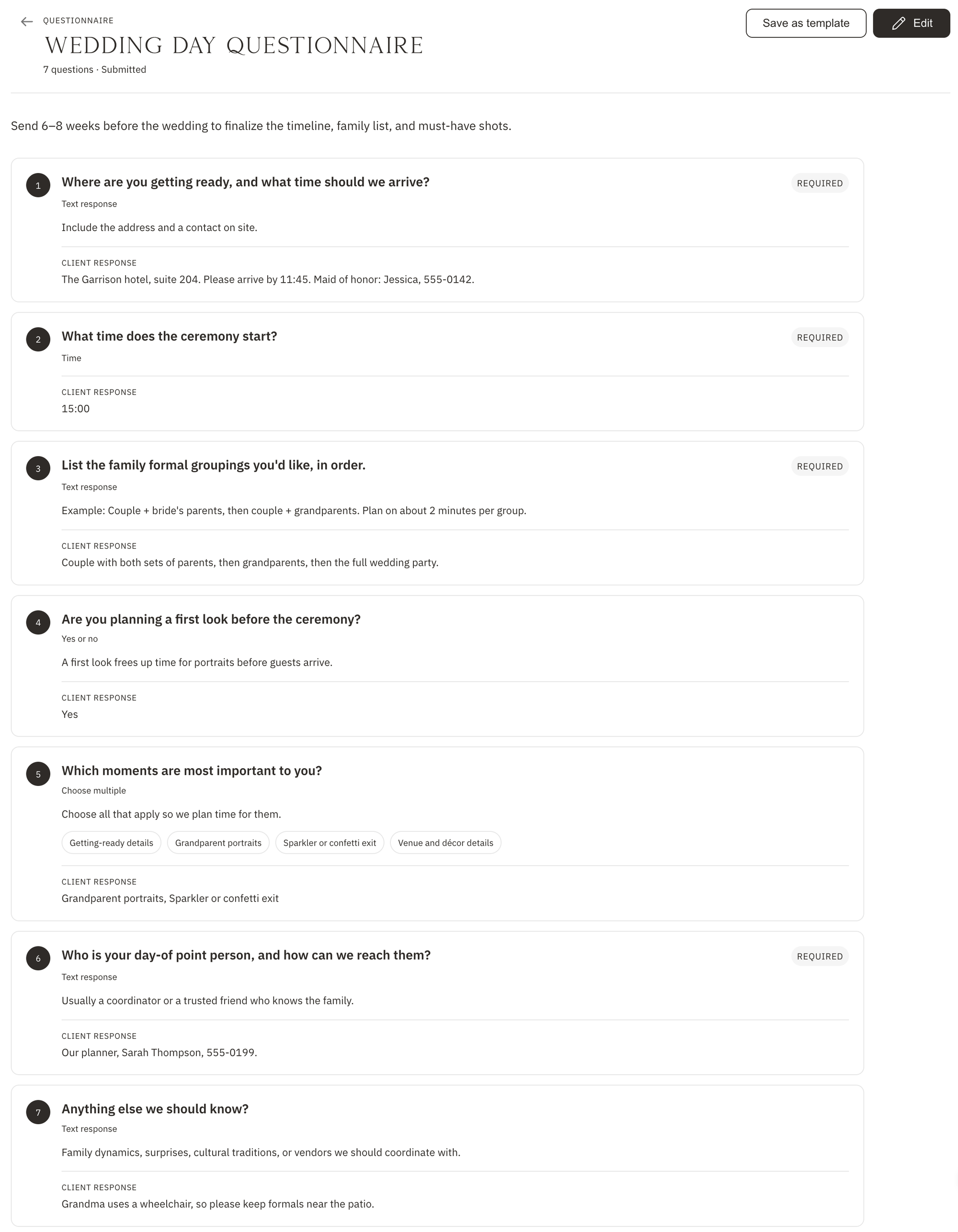 Submitted wedding day questionnaire with text, time, yes-or-no, and multiple-choice questions and the client’s responses
